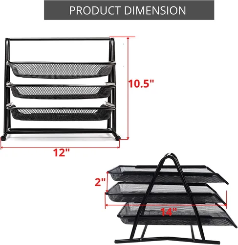 Vista 3 de Performore Bandeja organizadora de papel apilable de 3 niveles para escritorio, estante de archivos de metal negro para papel de tamaño legal