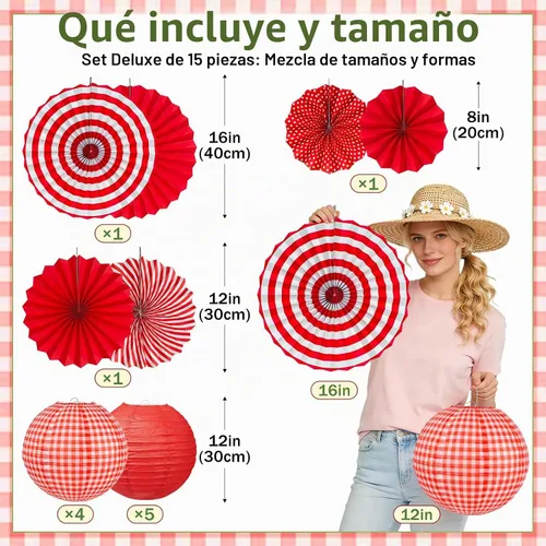 Vista 4 de Decoraciones de fiesta de cuadros rojos, 15 linternas de papel colgantes