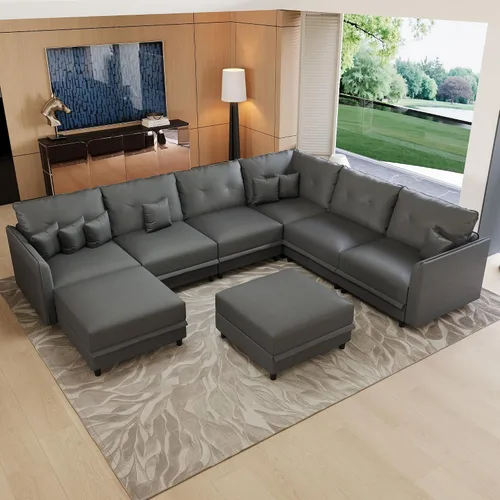 Vista 14 de LLappuil Sofá cama modular en forma de U de 6 plazas con almacenamiento, asiento profundo de piel sintética para sala de estar, impermeable y Negro