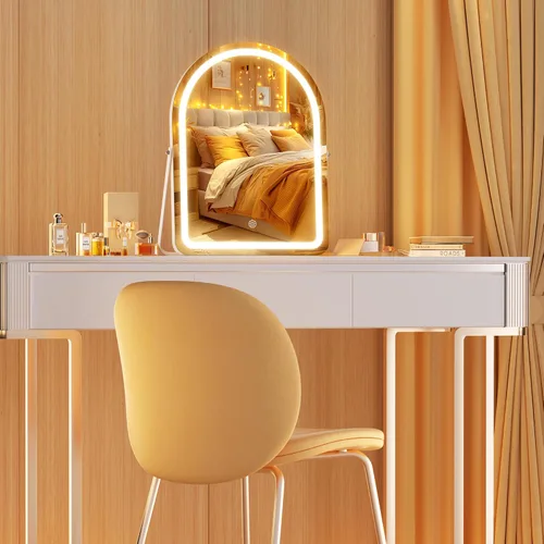 Vista 6 de Hasipu Espejo de tocador con luces, espejo de maquillaje LED arqueado de 14 x 18 pulgadas, espejo de maquillaje iluminado con luces, control táctil