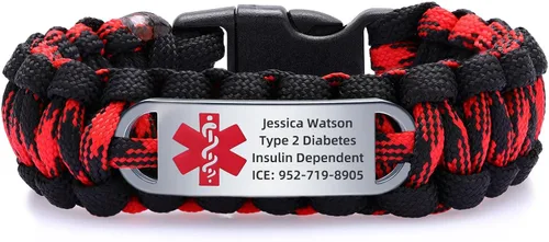 Vista 14 de Pulsera de alerta médica Paracord para hombres y mujeres Pulsera de identificación médica de acero inoxidable con hebillas de liberación lateral