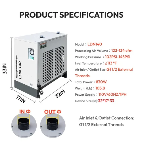 Vista 2 de Secador de aire refrigerado 134CFM para el compresor de aire 110V/1PH 102