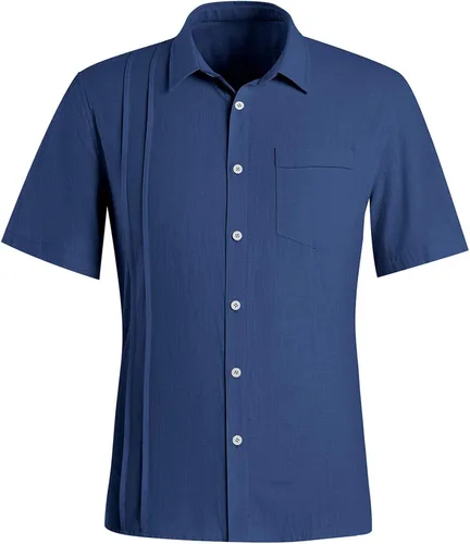 Vista 2 de Ryannology Guayabera - Camisas de lino de manga corta con botones para hombre, estilo casual, playa, campamento cubano, camisa mexicana para hombre