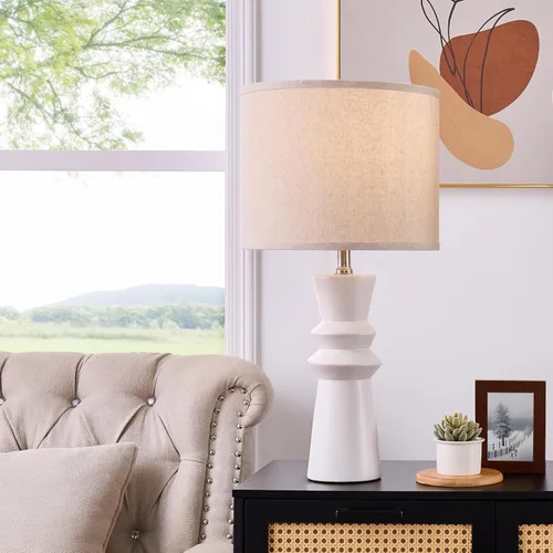 Vista 2 de Juego de 2 lámparas de mesa minimalistas de cerámica blanca de 24.75 pulgadas, lámpara de mesa auxiliar moderna Neutral White Lamps Set of 2, For