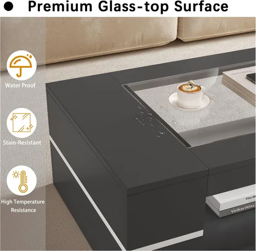 Vista 3 de HedoAjim Mesa de centro moderna y elegante de 47.2 pulgadas con parte superior de cristal, mesa grande para sala de estar, mesas centrales