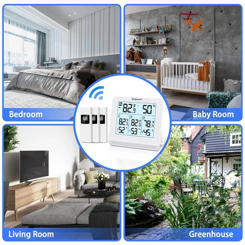 Vista 9 de Geevon Termómetro inalámbrico para interiores y exteriores con 3 sensores remotos, termómetro higrómetro digital, medidor de temperatura y monitor