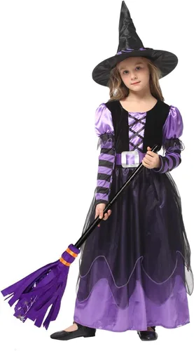 Vista 2 de Witch Costume Girls Halloween Witch Dress Costumes Kids Deluxe Witch Hat Broomstick Halloween Candy Bags Fancy Dress Up Party