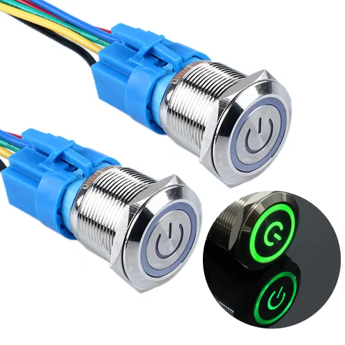 Vista 13 de 2 piezas de interruptor de botón de metal de cierre de 16 mm, 12V-24V, encendido/apagado, 1NO 1NC, impermeable, autoblocante, carcasa plateada