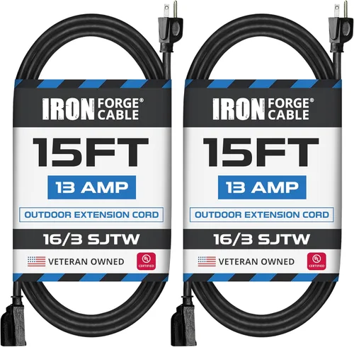Vista 23 de Iron Forge Cable Paquete de 2 cables de extensión negros de 3 pies, cable de extensión de 16/3, 3 pies, 3 puntas, resistente a la intemperie, ideal