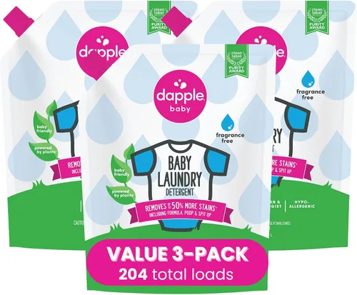 Vista 13 de Dapple Detergente para ropa de bebé, impulsado por plantas, concentrado, hipoalergénico, sin fragancia, paquete ecológico, quitamanchas, 34 fl oz