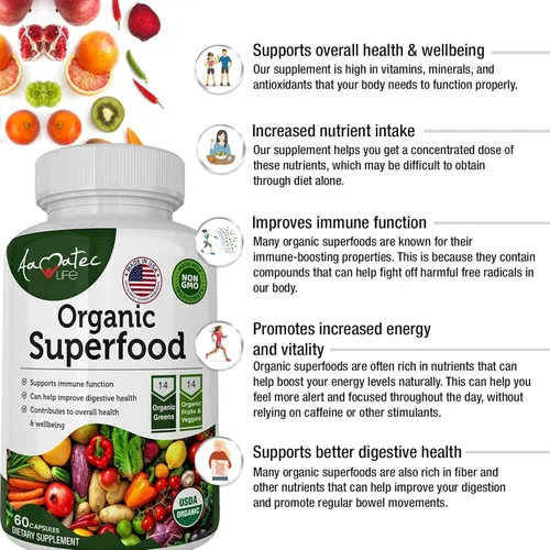Vista 6 de Organic Superfood Greens - Complejo de frutas y verduras - Suplemento dietético con 14 verduras y 14 frutas y verduras con alfalfa rica