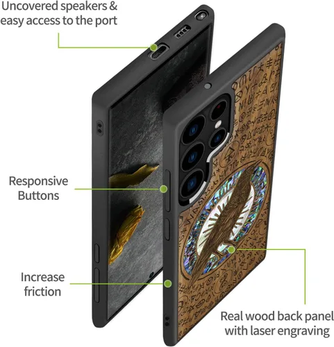 Vista 6 de Carveit Funda de madera para Samsung Galaxy S22 Ultra [grabado de madera e incrustaciones de carcasa] Funda de madera compatible con cargadores