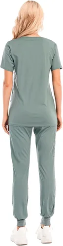 Vista 6 de Conjunto de uniformes médicos para mujer, conjunto de uniforme de enfermera, conjunto de trabajo al aire libre, conjunto de ropa quirúrgica elástica