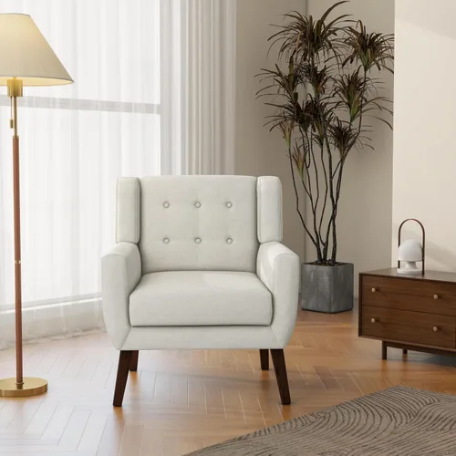 Vista 6 de Accent Chair Set of 1, Comfy Reading Armchair, Beige Linen Blend, Tufted Button Backrest, Solid Wood Frame, Upholstered Club Single Sofa Chairs