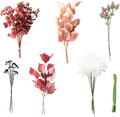 Vista 15 de Juego de tallos de follaje artificial, 59 piezas con 7 tipos de flores de follaje sintéticas para manualidades, ramos de novia, arreglos florales