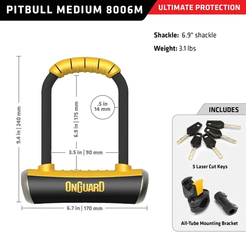 Vista 7 de OnGuard Pitbull - Cerradura en U mediana – Grillete de acero endurecido de 0.551 in (90 × 6.890 in) – Cerradura cuádruple X4P, cilindro Z, diseño