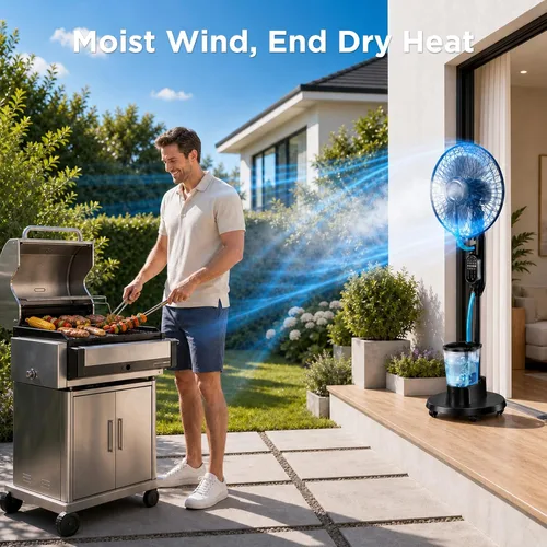 Vista 9 de Misting Fan, Standing Fan 8 Blades with Humidifier, Oscillating Fan with 3 Misting Modes 9 Speeds 7H Timer, Quiet Fan for Bedroom