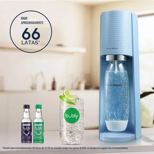 Vista 4 de SodaStream Terra - paquete para agua con gas (azul niebla), con CO2, botellas DWS y sabores Bubly Drops