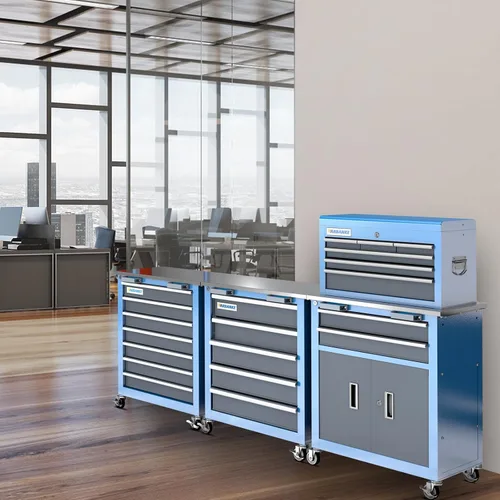 Vista 2 de LARBANKE – Combinación de 3 cofres de herramientas, rodante con encimera de acero inoxidable, gabinete con hebilla de conexión, ruedas