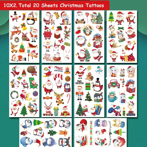 Vista 2 de 240 tatuajes temporales de Navidad para niños, 20 hojas de tatuajes falsos de Navidad para niñas y niños, regalos de fiesta de Navidad, decoración