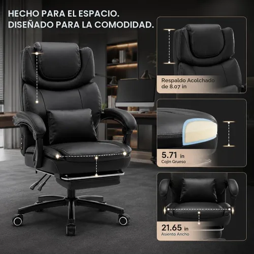 Vista 6 de Silla de oficina de calor de masaje grande y alta para personas ejecutivas de juegos Cuero Negro-2