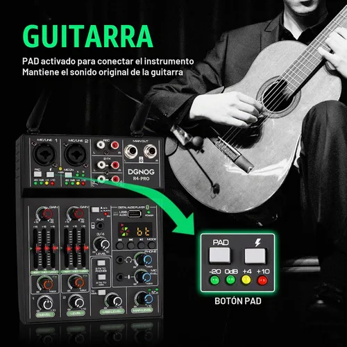 Vista 3 de Mezclador de audio profesional, consola de mezcla de 4 canales con micrófono inalámbrico dual, consola de placa de sonido MP3, Bluetooth, interfaz