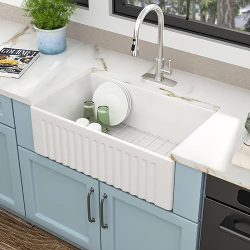 Vista 18 de Fregadero de barra blanco de 24"x18" para montaje bajo encimera - Arcilla refractaria de porcelana cerámica de alto brillo, montaje dual, un seno