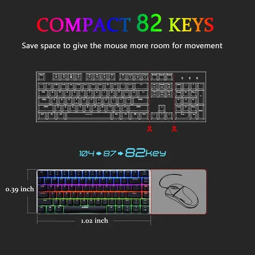 Vista 5 de LexonElec AK33 - Teclado mecánico RGB para juegos, 82 teclas, mini teclado compacto para computadora, 20 LED, retroiluminado, negro, teclado