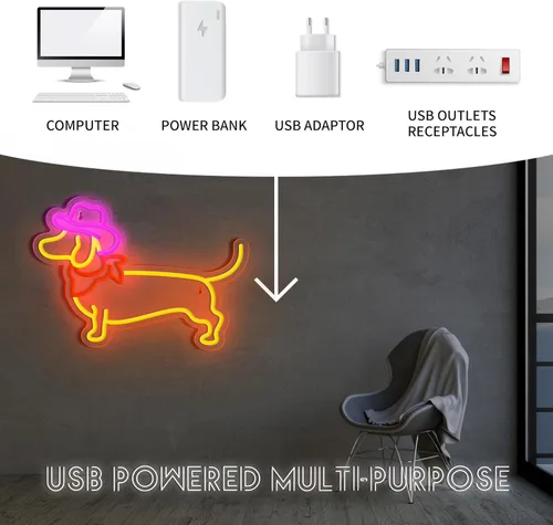 Vista 6 de Letrero de Neón de Dachshund para Decoración de Pared, Letrero de Perro de Neón, Lindo Cachorro con Sombrero de Vaquero, Letrero de Luz LED
