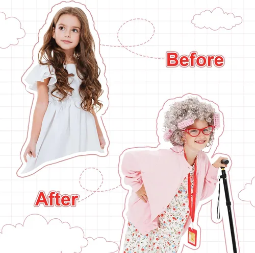 Vista 3 de FAYBOX 9 pcs Old Lady Costume for Kids,Old Lady Wig 100 Days of School Costume for Girls,Halloween Granny Grandma Dress Up