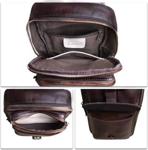Vista 7 de LRTO Bolso bandolera de cuero genuino para motocicleta, hecho a mano, para senderismo, mochila de hombro retro, Café, Mochilas Sling