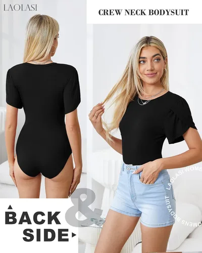 Vista 2 de LAOLASI Body de manga corta con pétalos para mujer, cuello redondo, ajustado, informal, elástico, para mujer