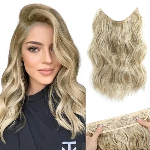 Vista 8 de Extensiones de Cabello con Alambre Invisible - Extensiones de Cabello Halo de 14 Pulgadas Largas Onduladas Postizo Sintético con Alambre
