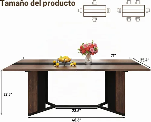 Vista 2 de chartustriable Mesa de comedor para 4 a 6 personas, mesa de cocina moderna grande de 71 pulgadas con diseño de camino de mesa integrado, mesa