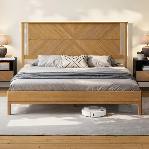 Vista 10 de Estructura de cama Queen en forma de trapecio de Bme – Cama moderna de madera maciza con cabecero de patrón suave, patas de metal negro, acabado