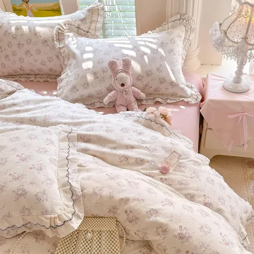 Vista 8 de Funda de edredón de algodón floral tamaño individual con volantes de encaje 100% algodón para adolescentes y niñas, juego de ropa de cama de 3