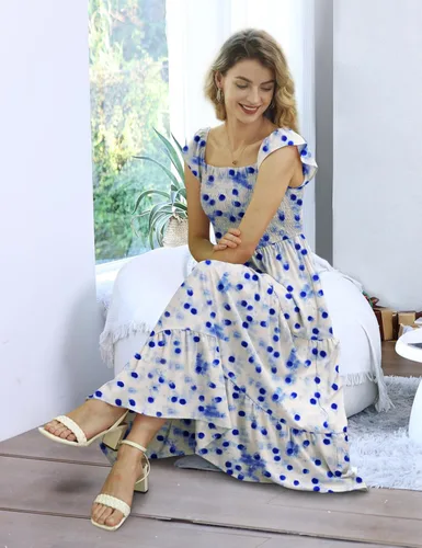 Vista 3 de YESNO Vestido largo de verano con volantes y hombros descubiertos para mujer, vestido casual con estampado floral fruncido con bolsillos E17