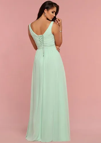 Vista 4 de Vestidos de dama de honor, vestido largo de gasa para invitados de boda, plisado, cuello en V, abertura alta, sin espalda, vestido formal COO2 Fucsia