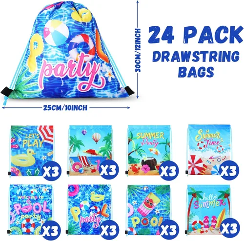 Vista 2 de Hosuly 24 bolsas de verano para fiesta en la piscina, bolsas con cordón, mochilas hawaianas, decoración de fiesta de piscina, bolsas de regalo