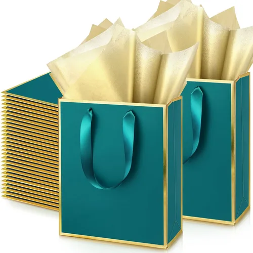 Vista 30 de Yeaqee Paquete de 100 bolsas metálicas de regalo con asa y papel de seda de papel de seda dorado para graduación, boda, padrinos de boda, regalos