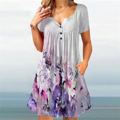 Vista 2 de Fragarn Vestidos sexys de talla grande, para mujer, casual, cuello redondo, botones, fruncido, estampado, cintura alta, vestido suelto