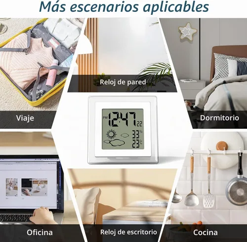 Vista 5 de Reloj pequeño digital, funciona con batería, despertador con retroiluminación automática, temperatura y humedad interior, 12/24H, fecha, reloj
