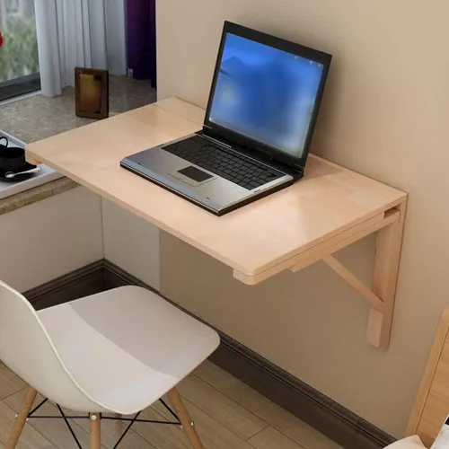 Vista 4 de Mesa flotante de hojas colgantes para montar en la pared, mesa de comedor plegable de madera maciza, escritorio de computadora multifunción, mesa