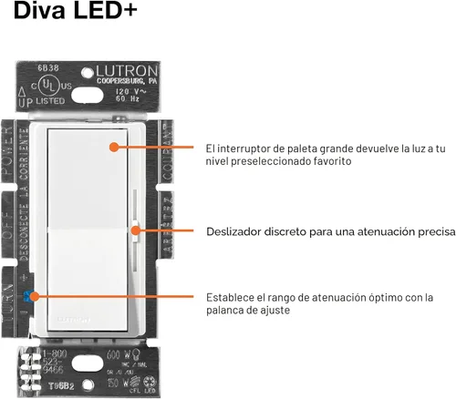 Vista 9 de Lutron Diva LED+ Interruptor de atenuación, atenuador de paleta, un solo polo/3 vías Almendra