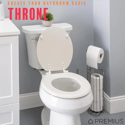 Vista 6 de Asiento de inodoro de madera redondo estándar, 17 pulgadas, construcción de madera MDF, diseño de color sólido, bisagras de plástico duradero, fácil