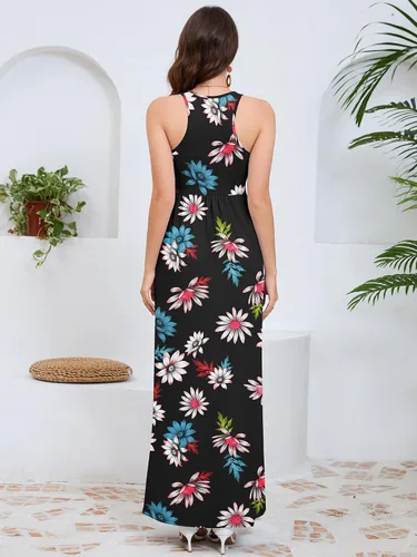 Vista 2 de DEARCASE Vestido largo de verano sin mangas para mujer, con bolsillos E10-floral Negro Azul