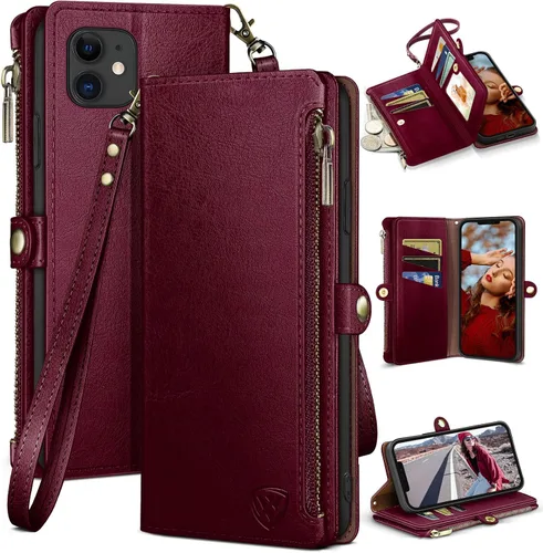 Vista 11 de XcaseBar Funda tipo cartera compatible con iPhone 12/12 Pro de 6.1 pulgadas con cremallera y tarjetero de crédito, bloqueo RFID, funda de piel Negro