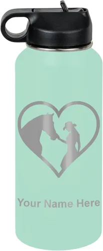 Vista 66 de LaserGram Botella de agua personalizada, corazón de vaquera de caballo, acero inoxidable de doble pared aislada al vacío con popote superior, regalo