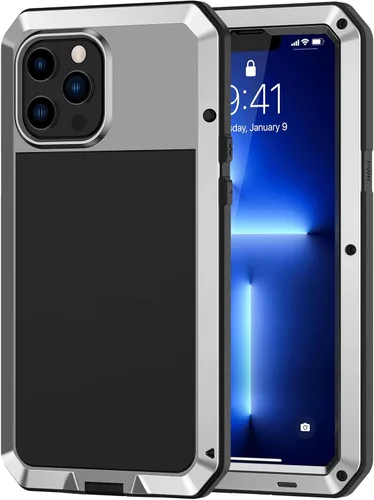 Vista 8 de Lanhiem Funda metálica para iPhone 13 Pro, resistente a los golpes, con protector de pantalla de vidrio integrado, funda protectora de cuerpo Negro