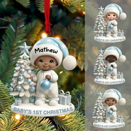 Vista 19 de Adorno personalizado de primera Navidad del bebé con carga de foto, decoración plana colgante de cara de recién nacido para árbol navideño, lindo